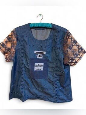 Oversized Blue Denim-Look Top with Sheer Embroidered Sleeves - XL